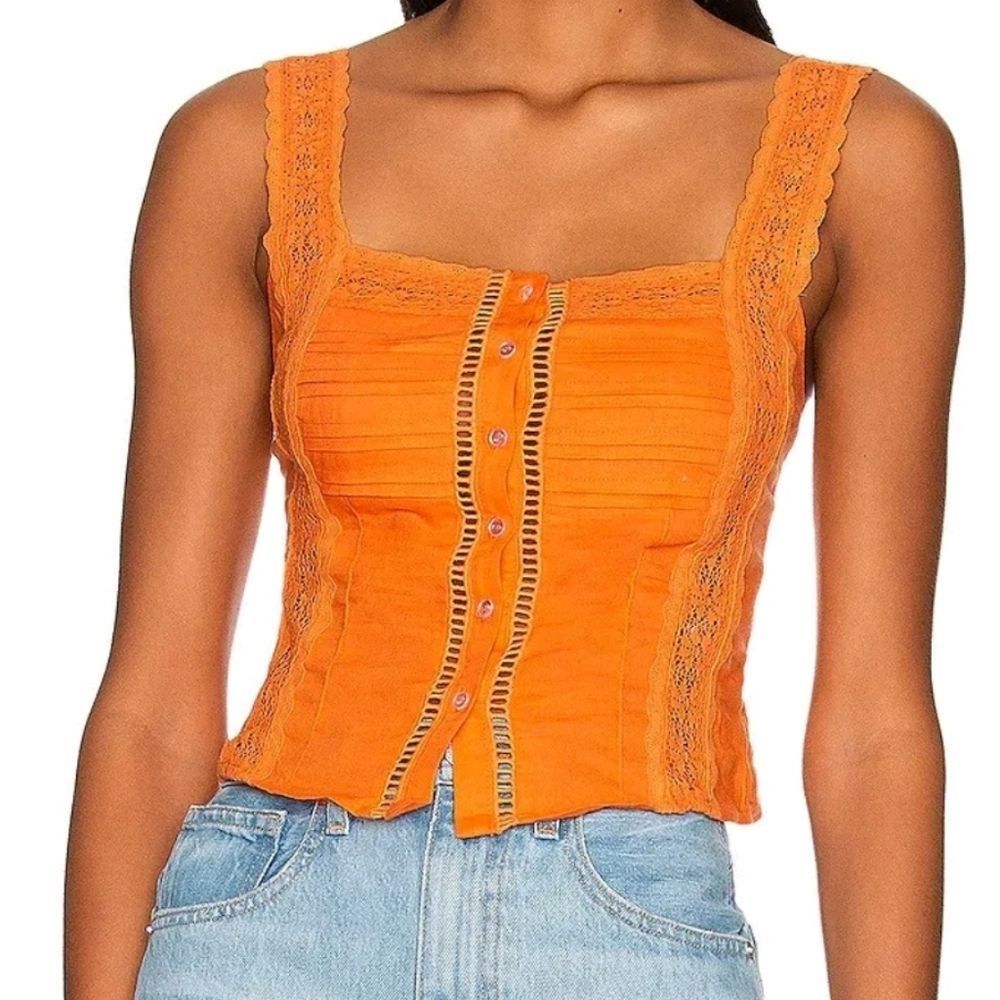 Free People Maggie Linen Blend Lace Tank in Orange Super Tropical S